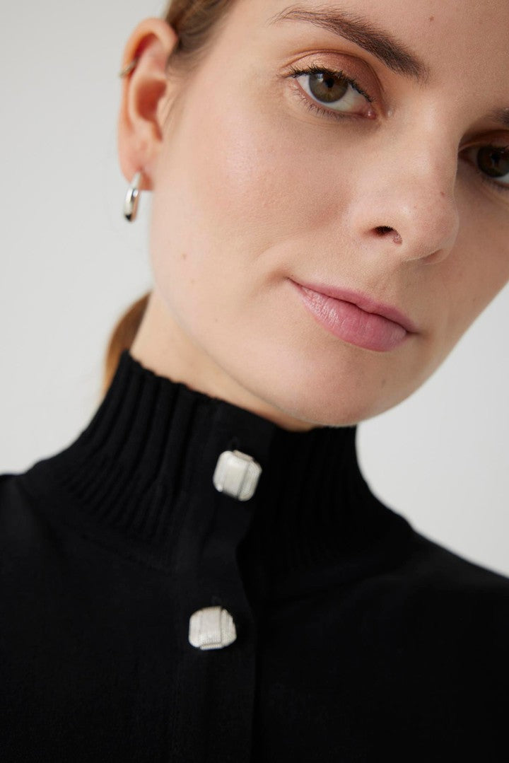 Black Relaxed Fit Shirt with High Neck, Knit Details, and Long Sleeves