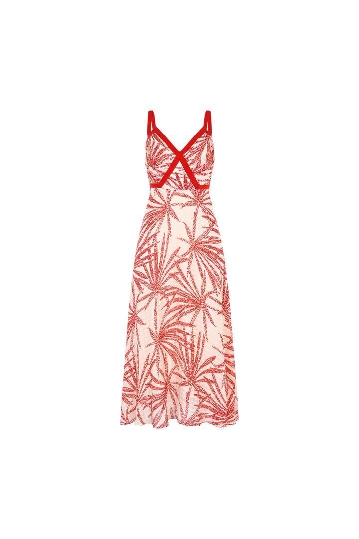 Regular Fit Patterned Rayon Chiffon Midi Dress with Straps and Red Piping Detail