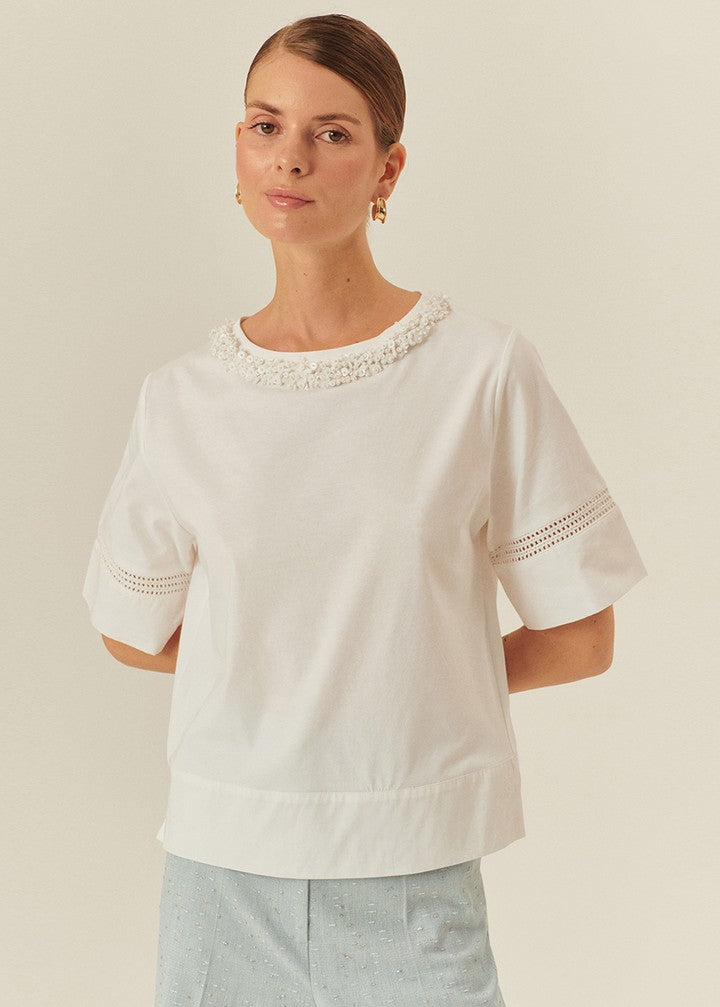 White Cotton T-Shirt with Embroidered Sleeve Detail