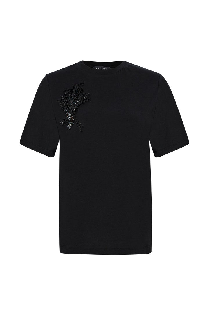 Black Regular Fit T-Shirt with Embroidered Crew Neck
