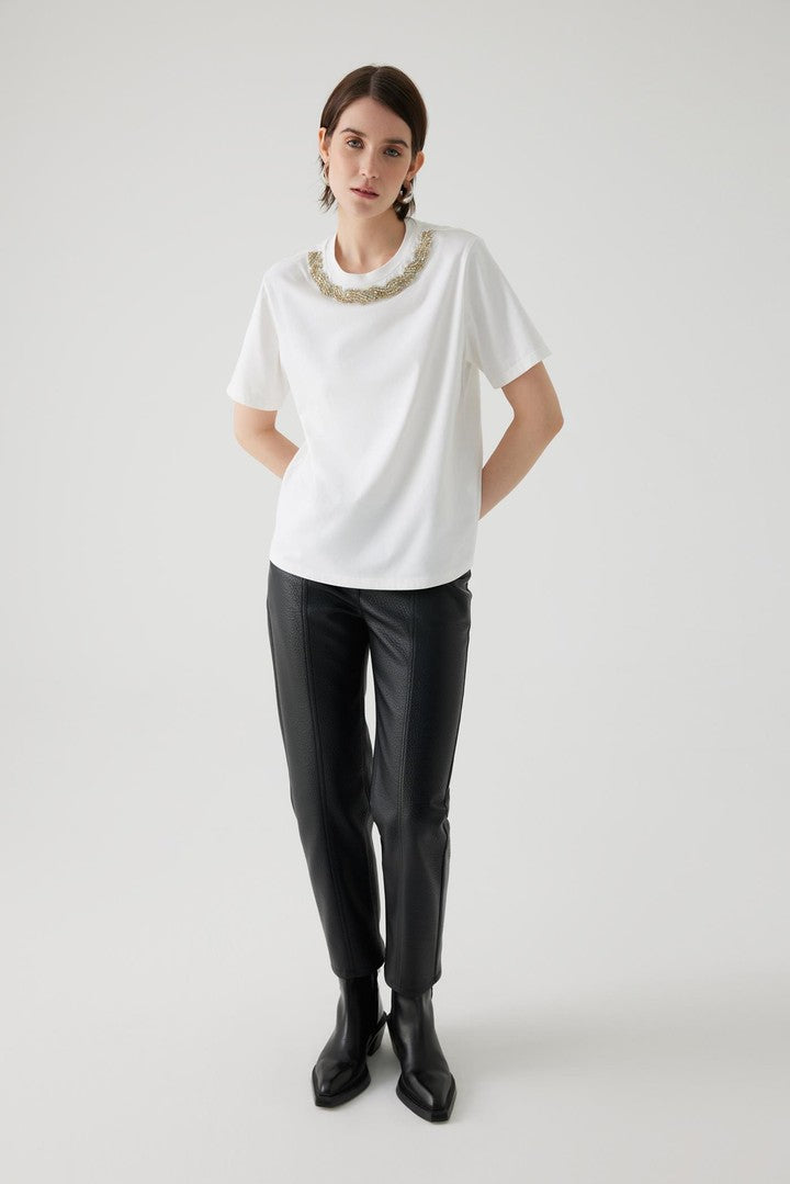 Regular Fit Cotton T-Shirt with Crystal Stone Embellished Neckline