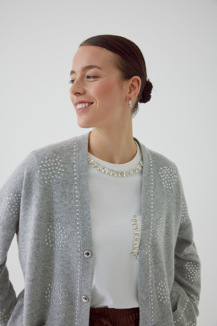 Regular Fit Grey Cardigan with Metallic Sequin Print and Cashmere Blend