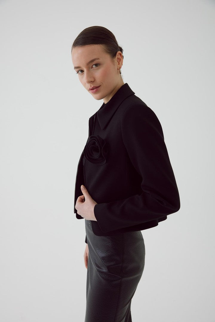 Black Regular Fit Jacket with Zipper and Rose Accessory