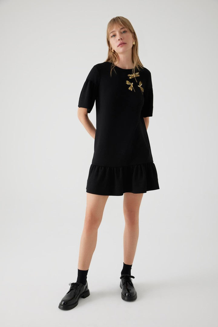 Stretch Knit Mini Dress with Embroidered Details and Crew Neck