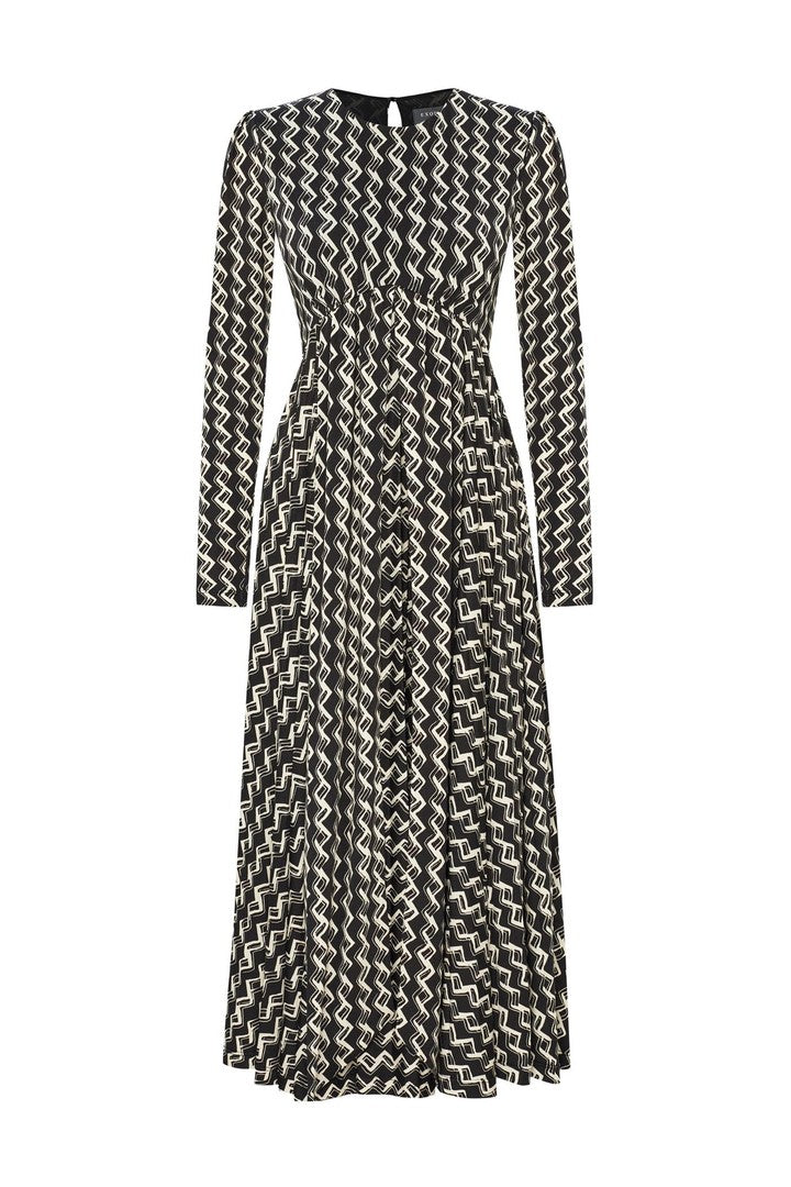 Geometric Patterned Stretch Knit Midi Dress with Tie Detail