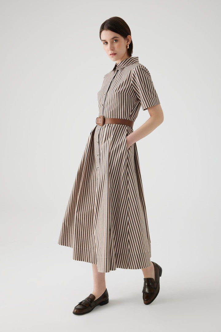 Striped Midi Dress with Shirt Collar, Belt, and Fitted Waist