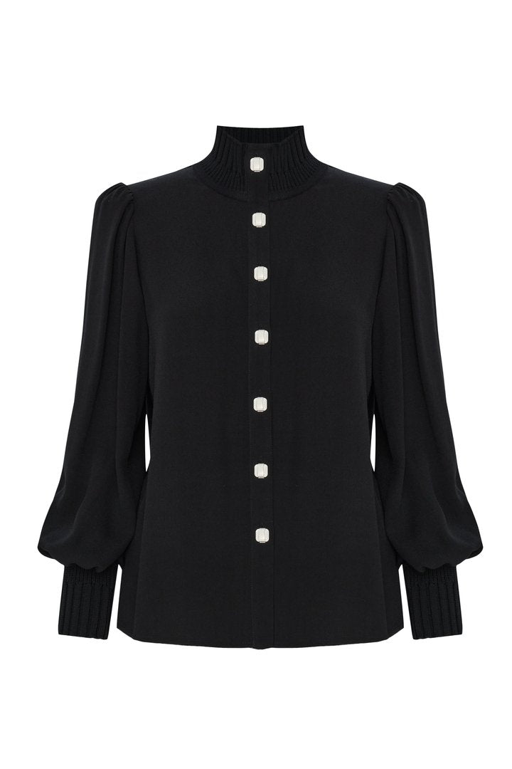 Black Relaxed Fit Shirt with High Neck, Knit Details, and Long Sleeves