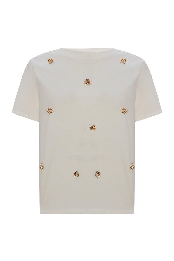 Ecru Regular Fit Stretch T-Shirt with Crew Neck and Beaded Embellishments