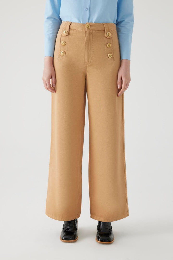 Camel Cotton Regular Fit Denim Pants with Button Details