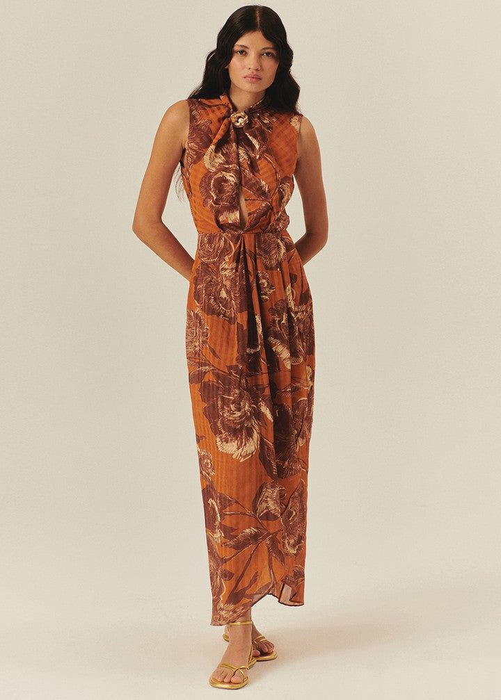 Printed Maxi Dress with Pearl Buckle Detail