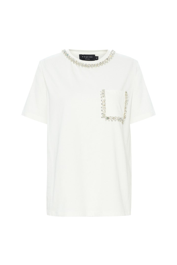 Bone Cotton Regular Fit T-Shirt with Embroidered Neckline and Stone Details
