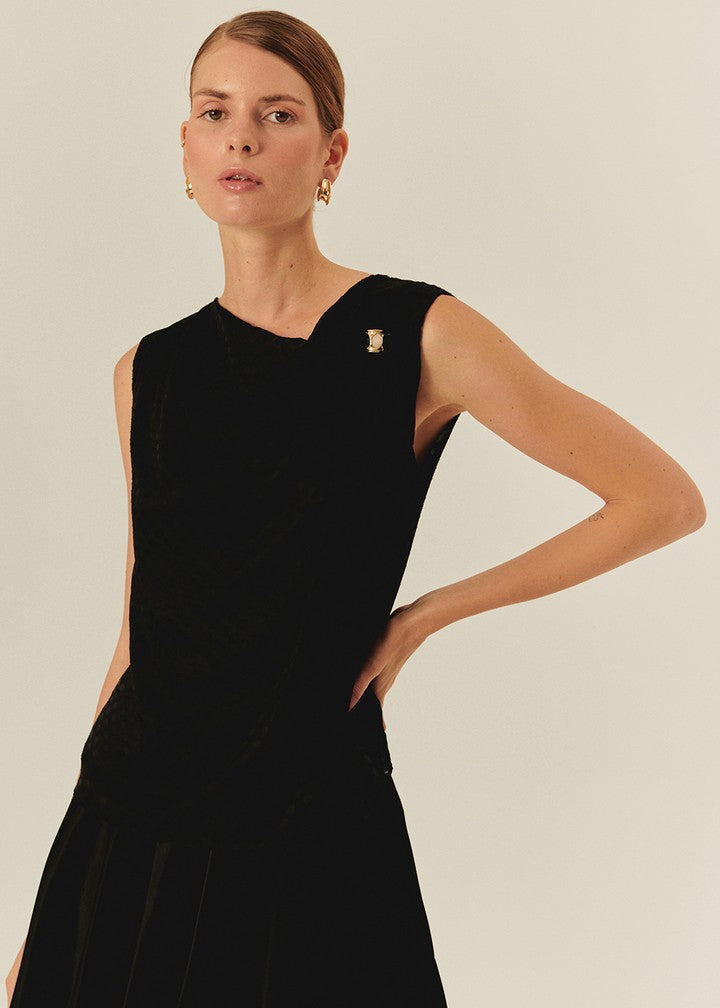 Asymmetric Neckline Sleeveless Black Blouse