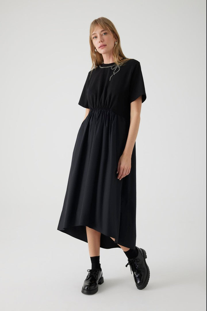 Black Cotton Midi Dress with Embroidered Collar