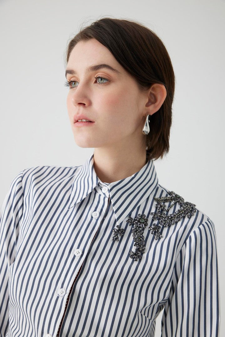Slim Fit Striped Shirt with Fitted Waist and Embroidered Details