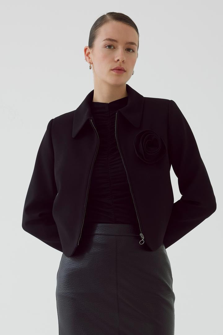 Black Regular Fit Jacket with Zipper and Rose Accessory