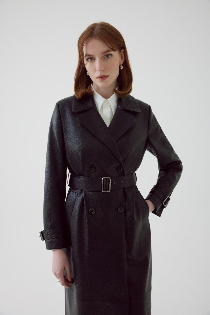Black Regular Fit Belted Trench Coat in Eco Leather