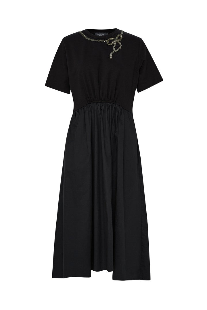 Black Cotton Midi Dress with Embroidered Collar