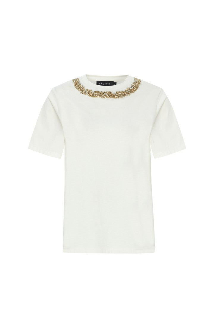 Regular Fit Cotton T-Shirt with Crystal Stone Embellished Neckline