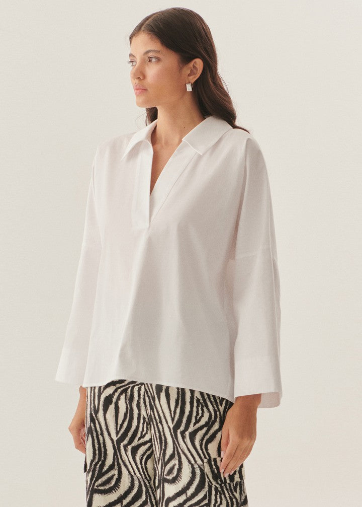 Collared Poplin V-Neck Blouse