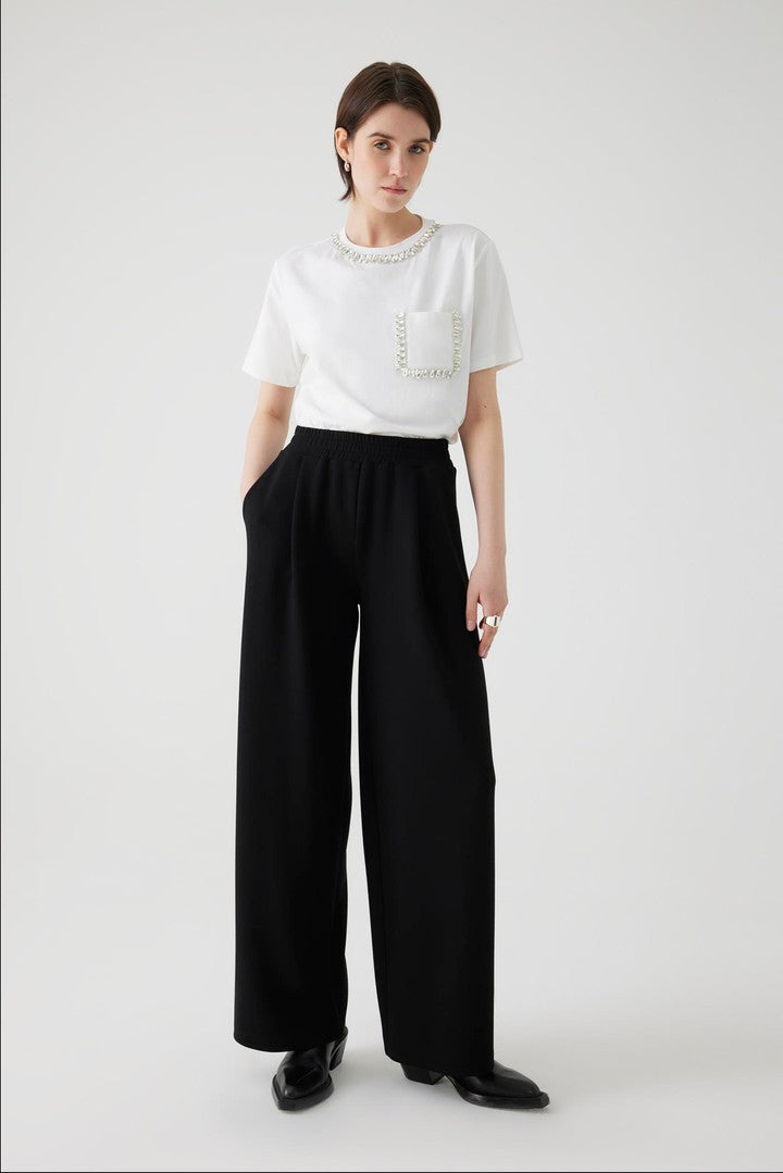 Bone Cotton Regular Fit T-Shirt with Embroidered Neckline and Stone Details