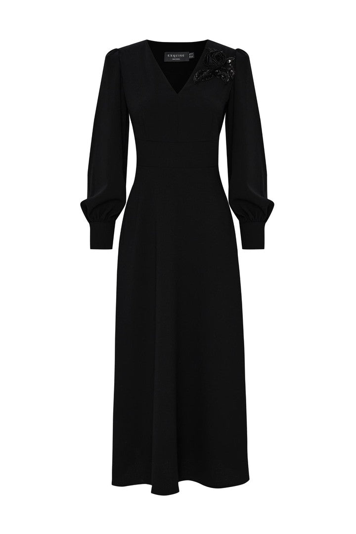 Black Regular Fit Midi Dress with Floral Embroidery