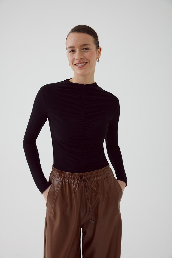 Black Fitted Tulle Blouse with Ruched Front Detail