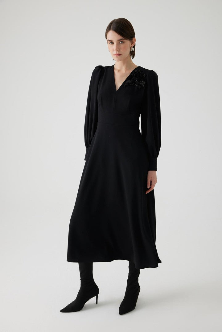 Black Regular Fit Midi Dress with Floral Embroidery