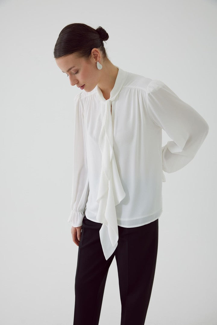 Bone Regular Fit Chiffon Blouse with Scarf Neck and Elastic Cuffs