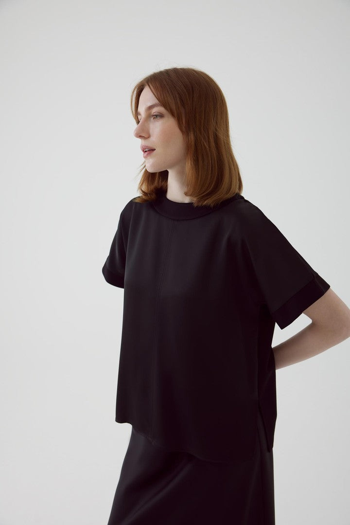 Black Wide Cut Blouse with Satin Front and Knit Back