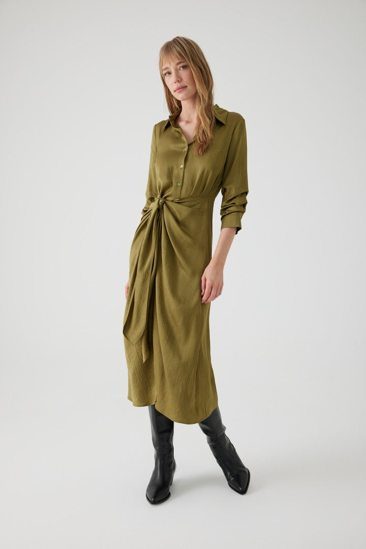 Khaki Midi Shirt Dress with Fitted Waist, Sleeve Details, and Waist Belt