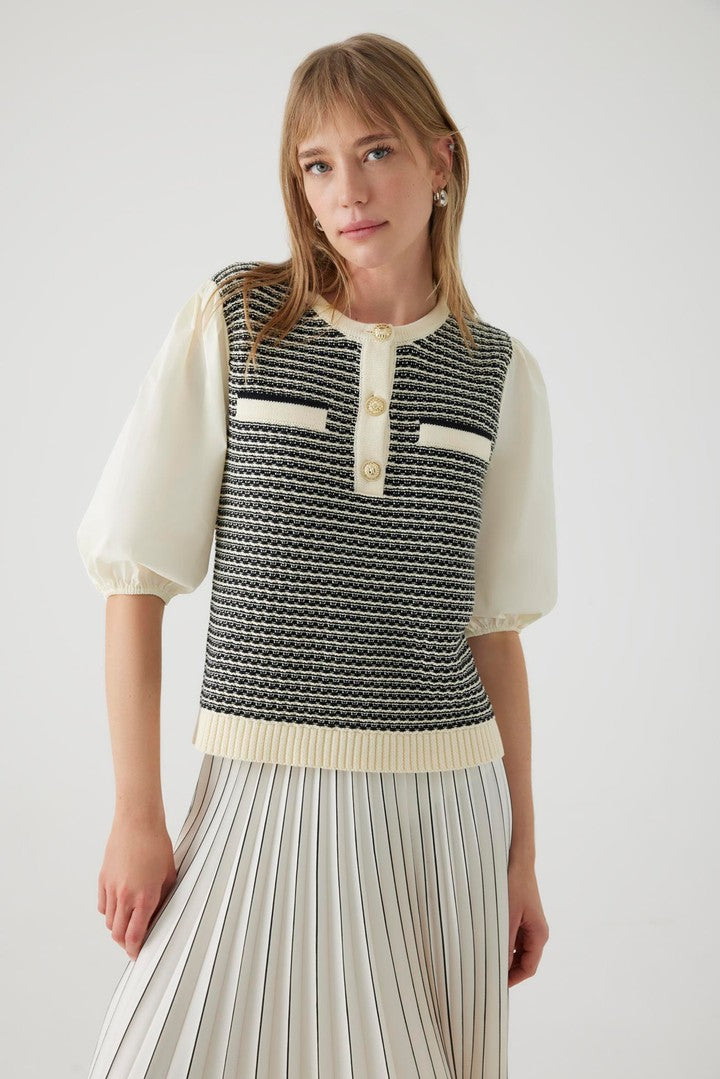 Knit Blouse with Poplin Sleeve and Pocket Details