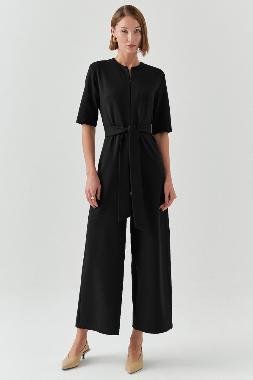 Cynthia Short Sleeve V-Neck Knit Jumpsuit with Pockets Black