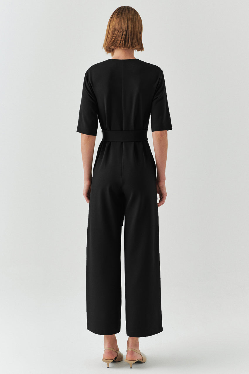 Cynthia Short Sleeve V-Neck Knit Jumpsuit with Pockets Black