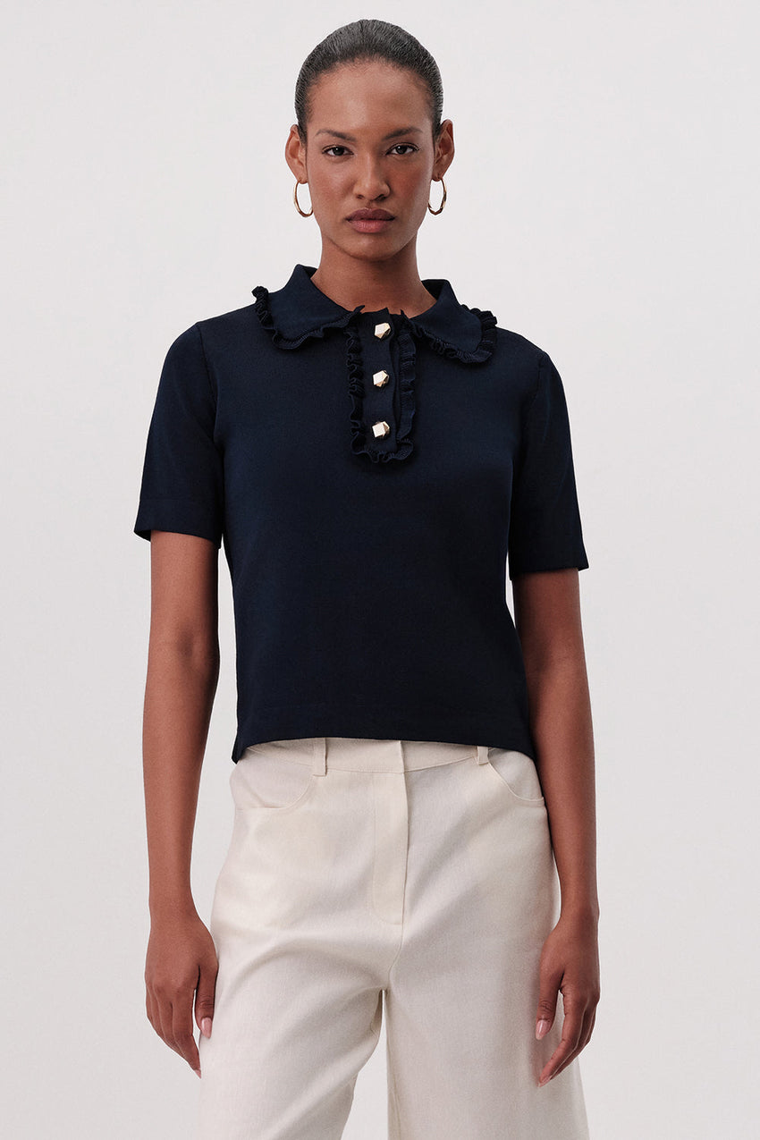 Parker Ruffled Knit Blouse - NAVY BLUE