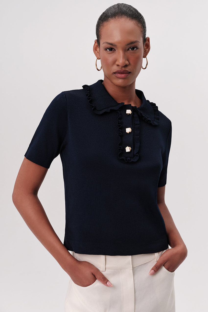 Parker Ruffled Knit Blouse - NAVY BLUE