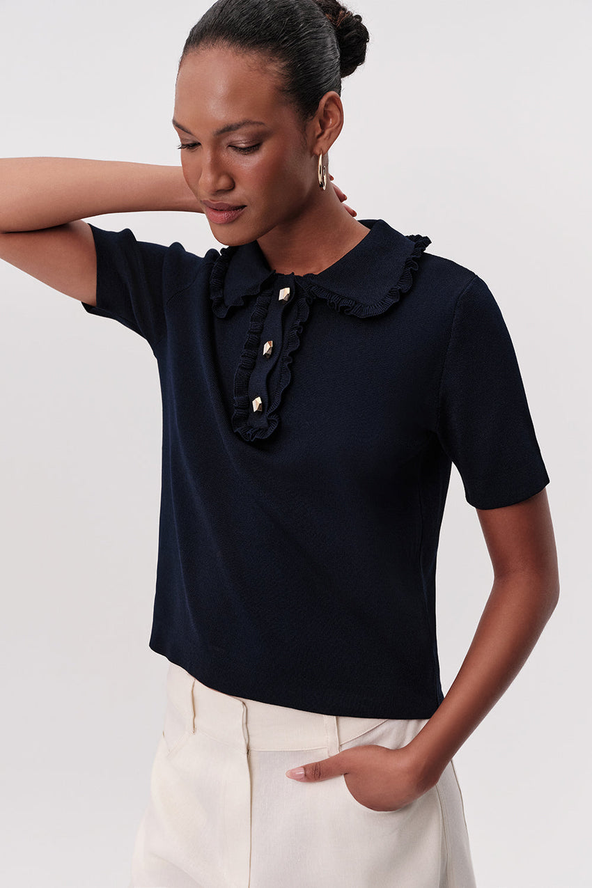 Parker Ruffled Knit Blouse - NAVY BLUE