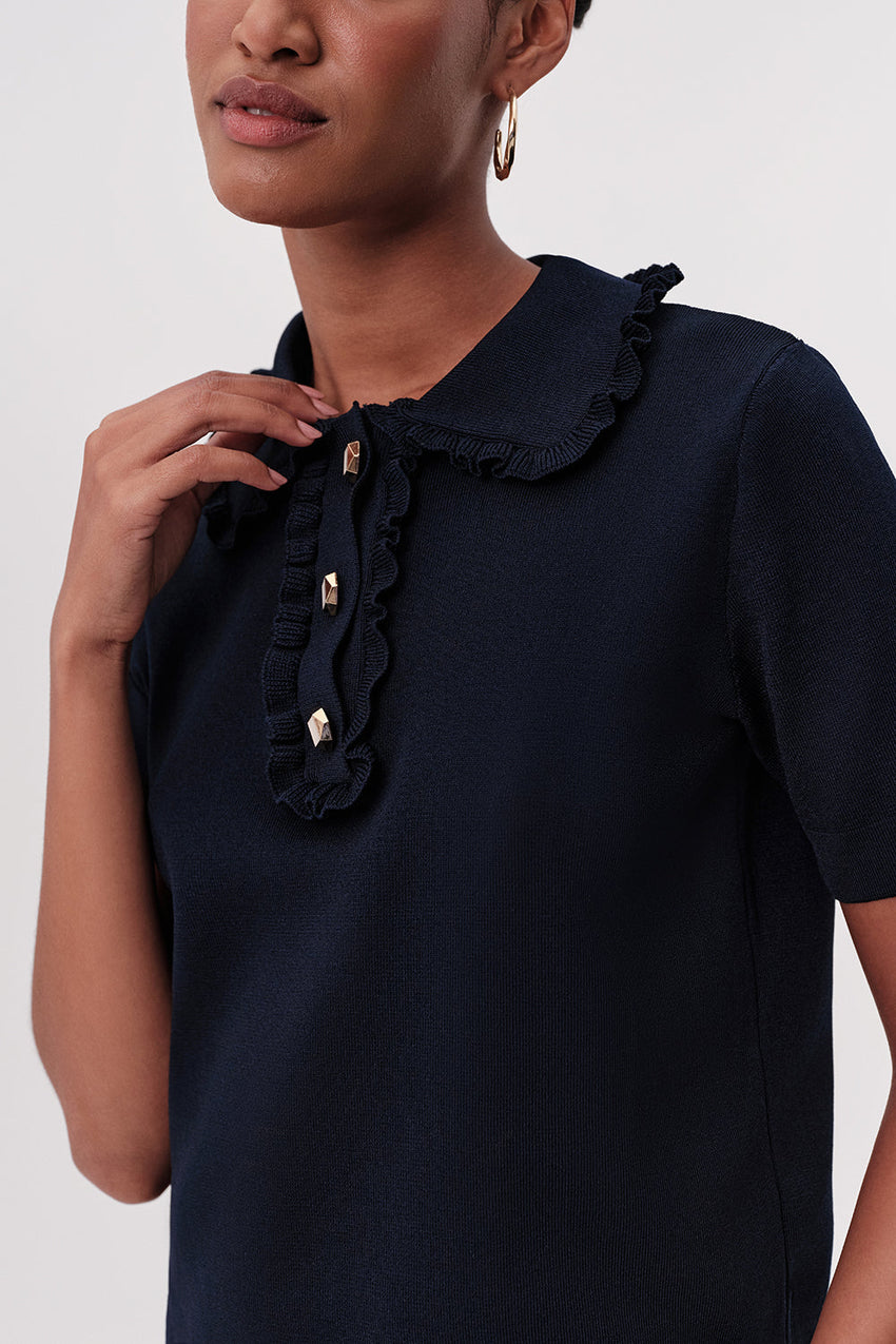 Parker Ruffled Knit Blouse - NAVY BLUE