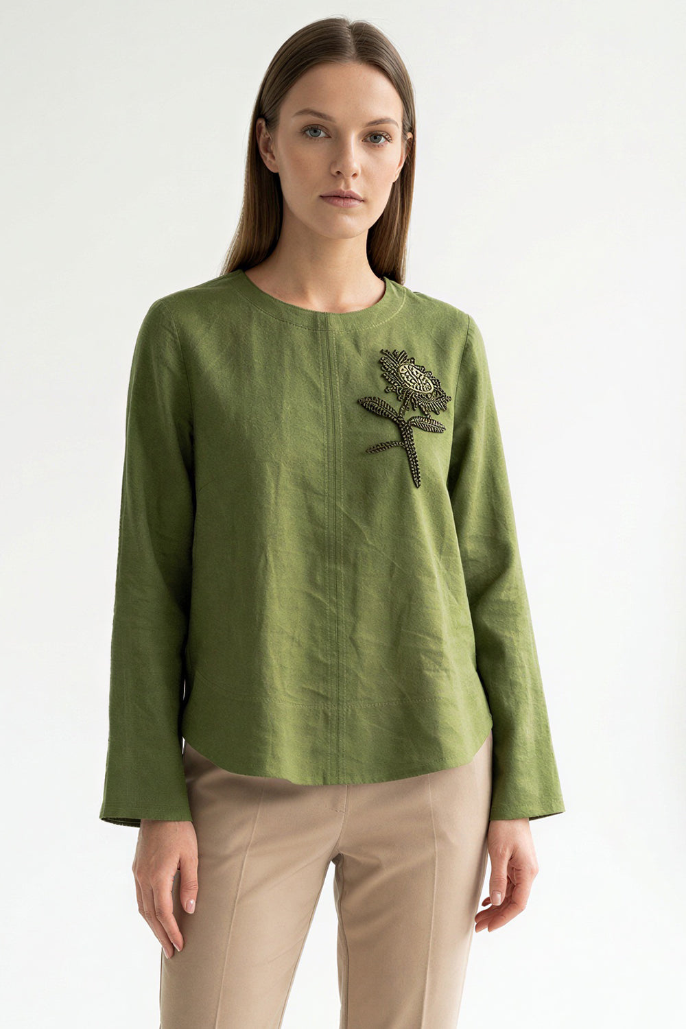 Fifine Long Sleeve Linen Blouse - KHAKI