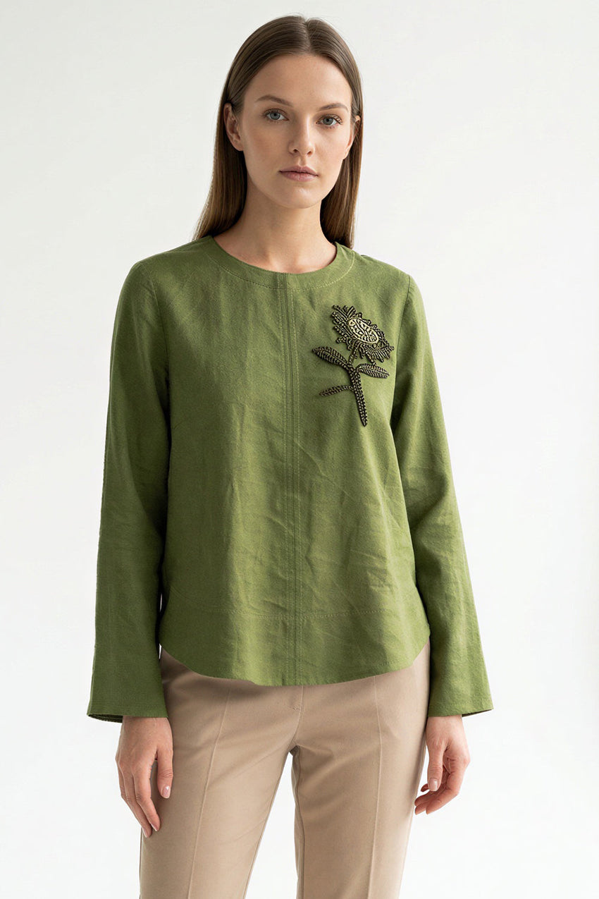 Fifine Long Sleeve Linen Blouse - KHAKI