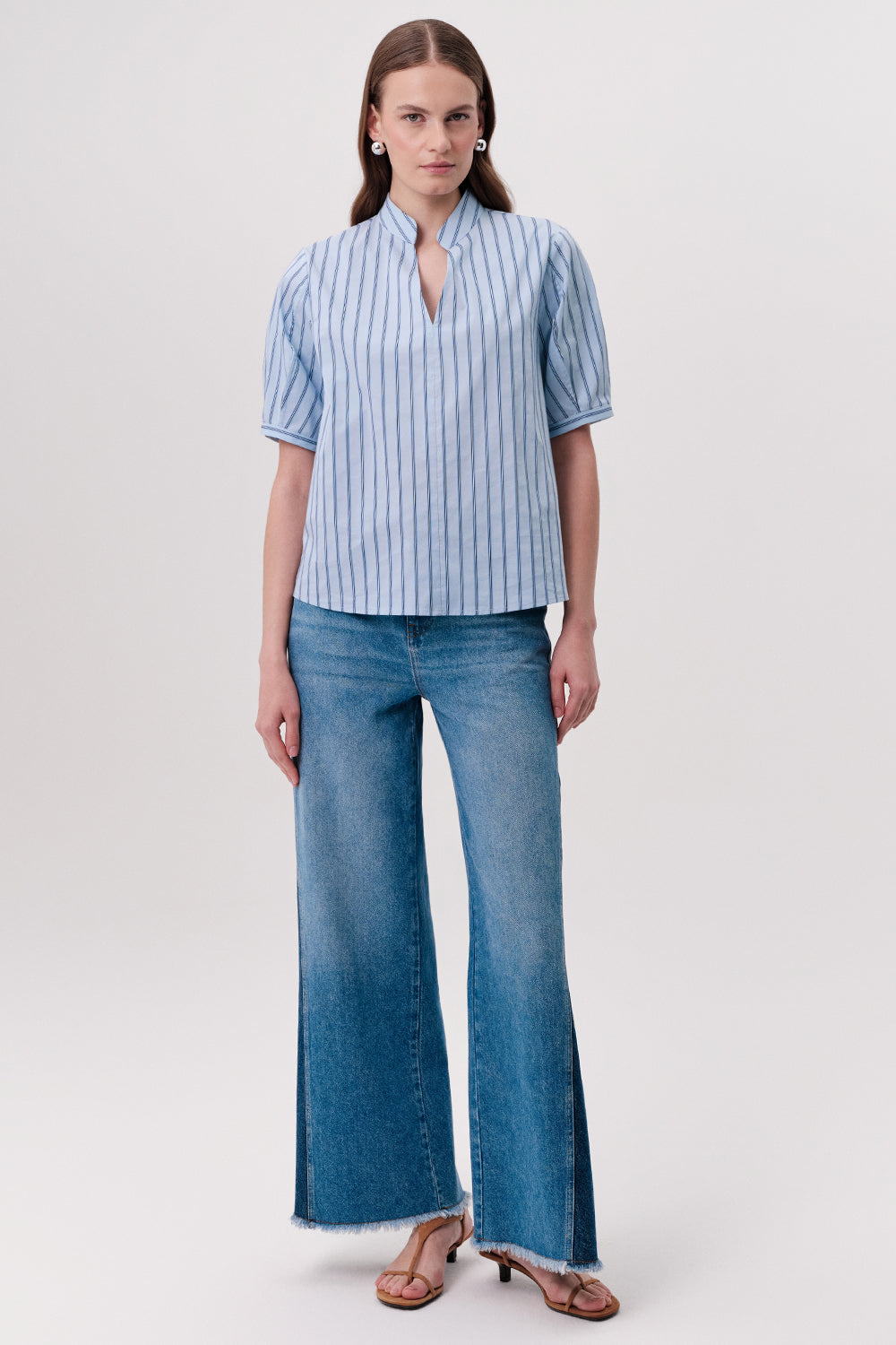Short Sleeve V Neck Striped Blouse - MULTI COLOR