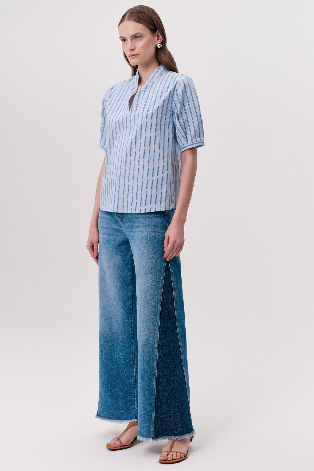 Short Sleeve V Neck Striped Blouse - MULTI COLOR