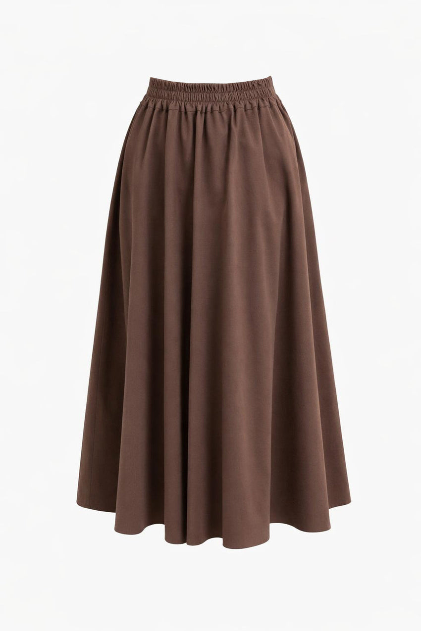 Pleated Midi Skirt -BROWN