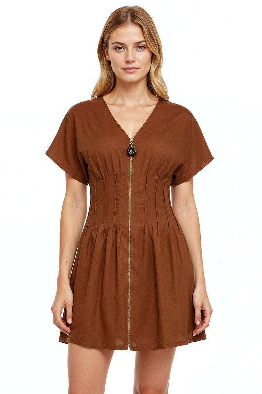 Short Sleeve  Linen Mini Dress - BROWN