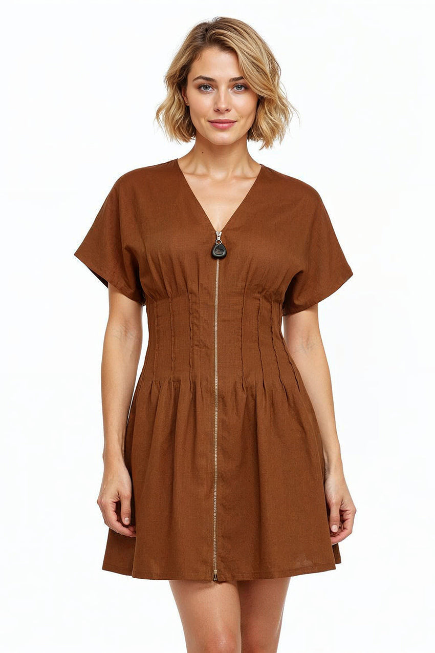 Short Sleeve  Linen Mini Dress - BROWN