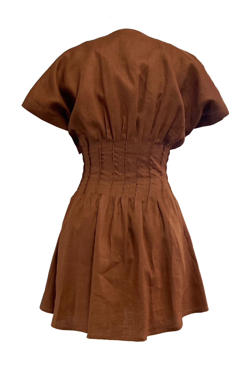 Short Sleeve  Linen Mini Dress - BROWN
