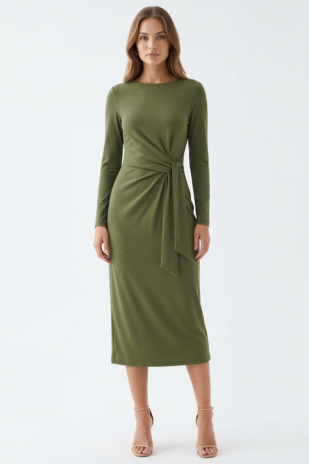 Crew Neck Knit Dress - KHAKI